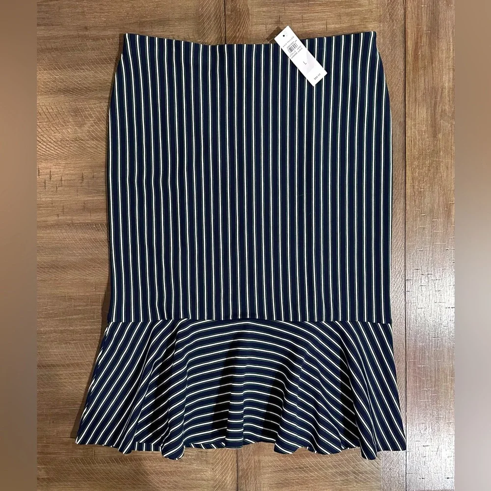 NWT Ann Taylor navy/green/white striped ruffle midi skirt Size Large
